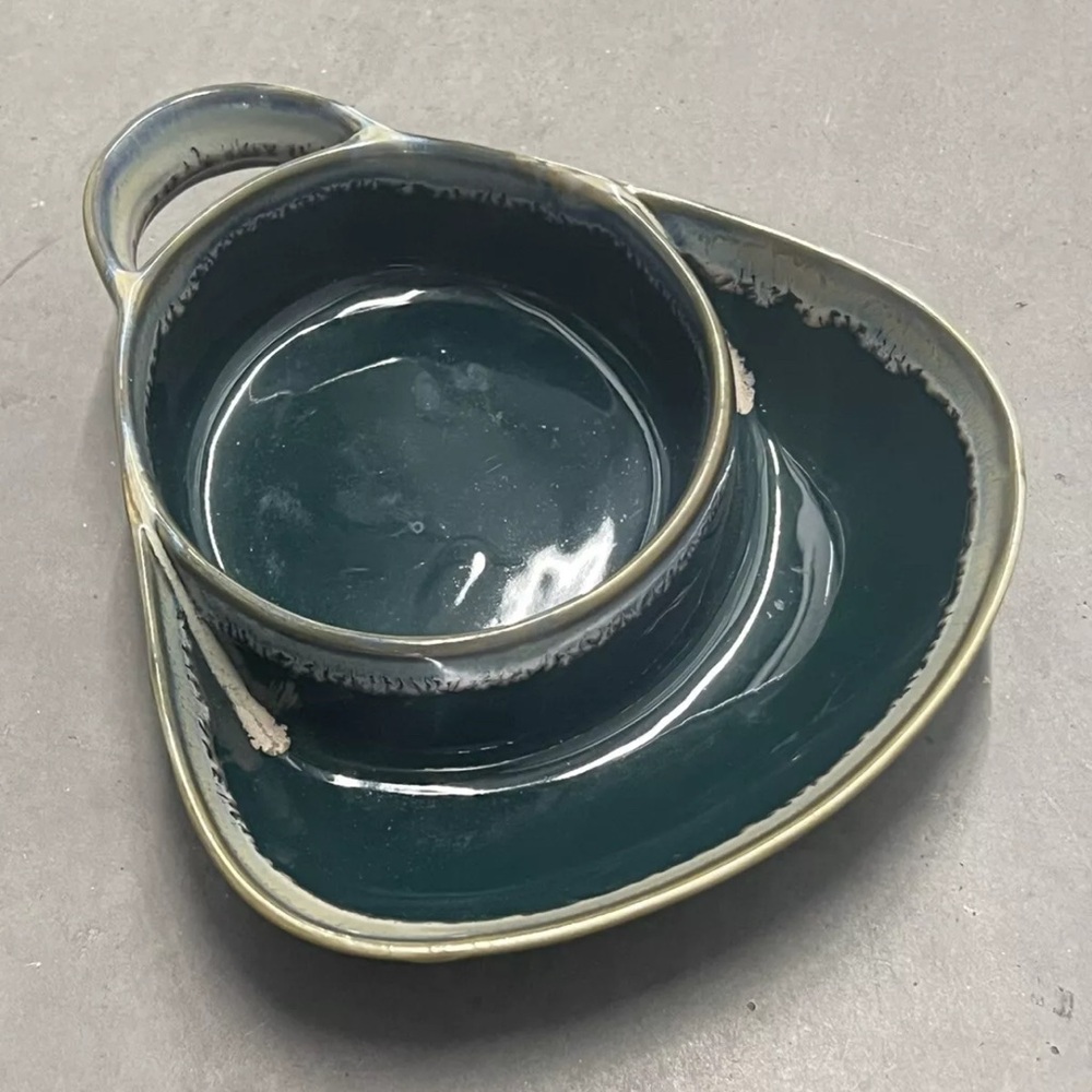 Teal Colored Ceramic Chip and Dip Server